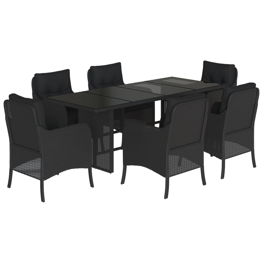 7 Piece Garden Dining Set with Cushions Black Poly Rattan