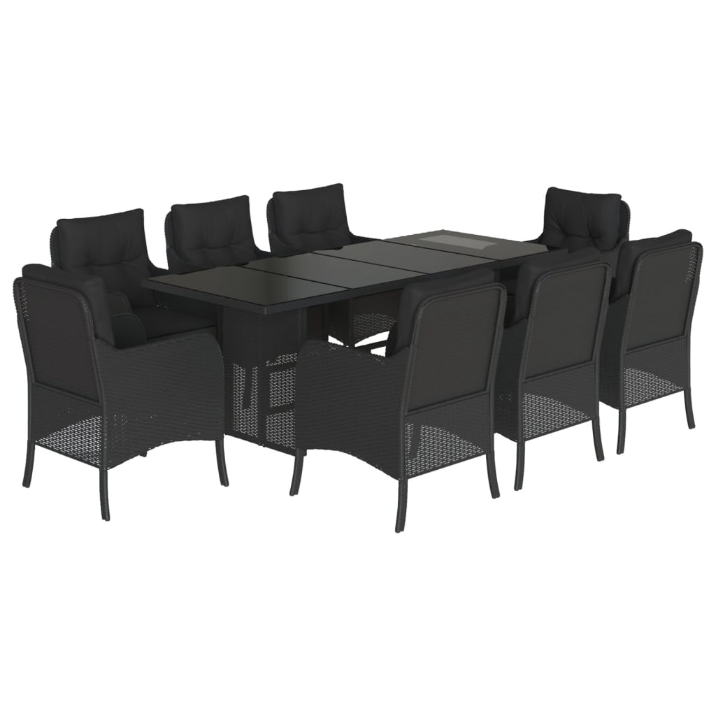 9 Piece Garden Dining Set with Cushions Black Poly Rattan