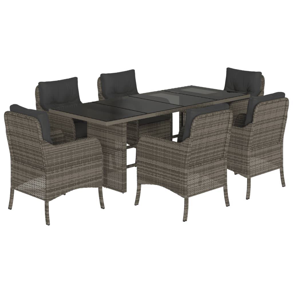 7 Piece Garden Dining Set with Cushions Grey Poly Rattan
