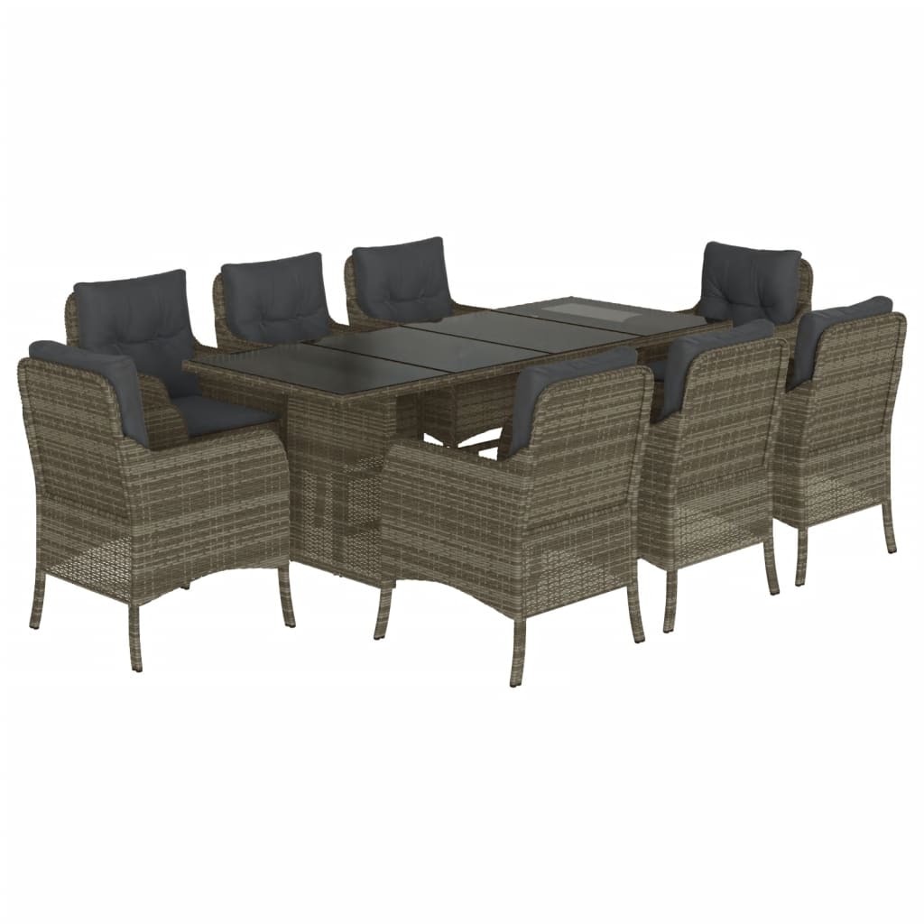 9 Piece Garden Dining Set with Cushions Grey Poly Rattan