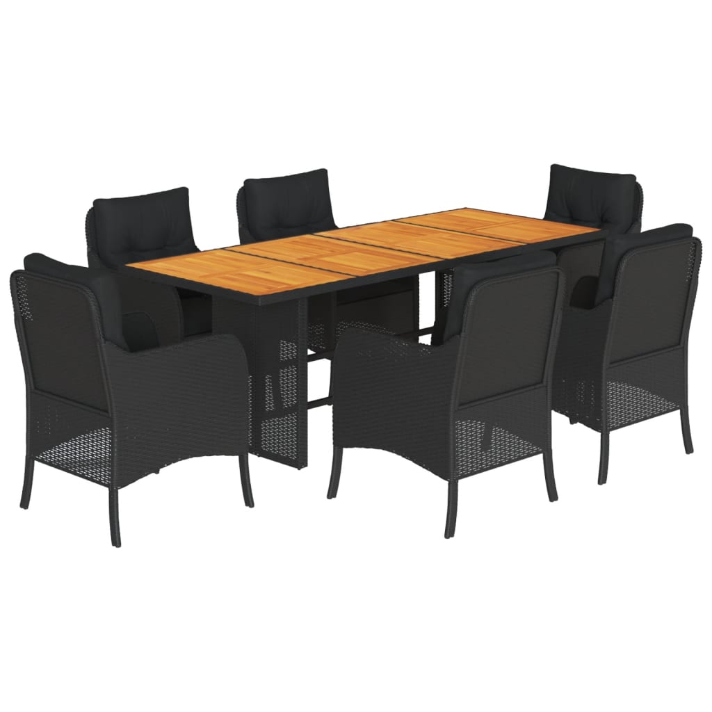 7 Piece Garden Dining Set with Cushions Black Poly Rattan