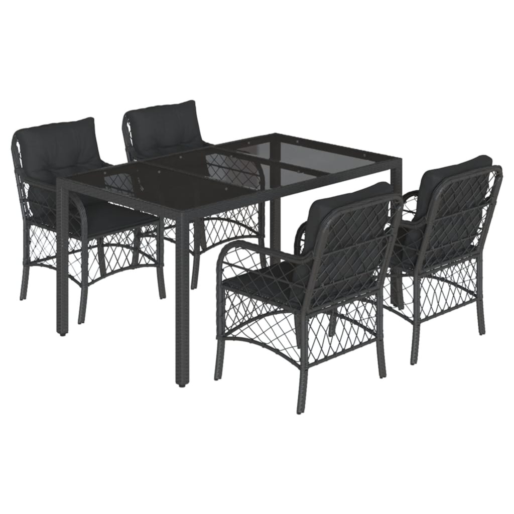 5 Piece Garden Dining Set with Cushions Black Poly Rattan