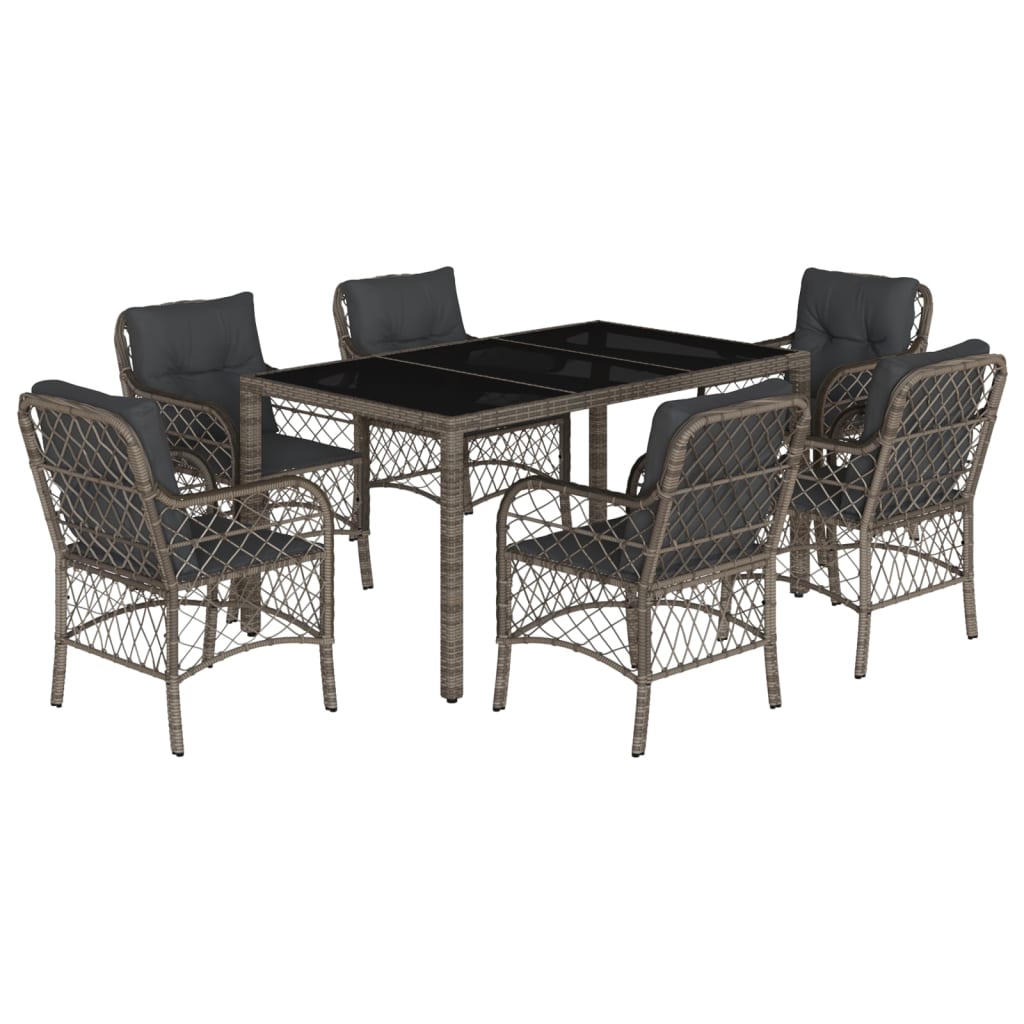 7 Piece Garden Dining Set with Cushions Grey Poly Rattan