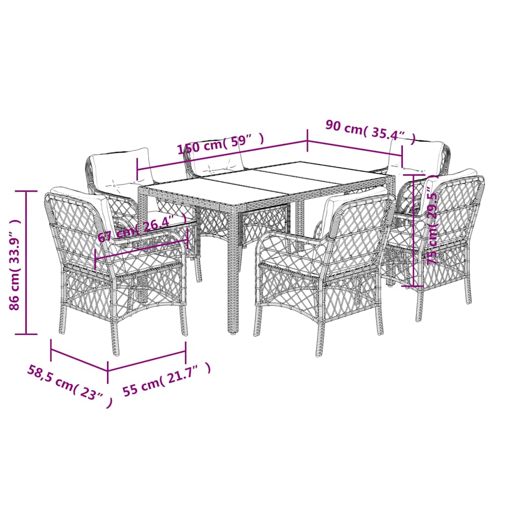 7 Piece Garden Dining Set with Cushions Grey Poly Rattan