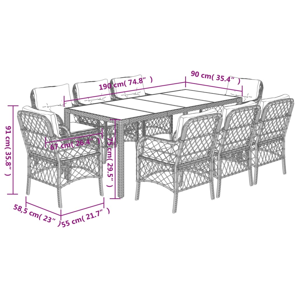 9 Piece Garden Dining Set with Cushions Grey Poly Rattan