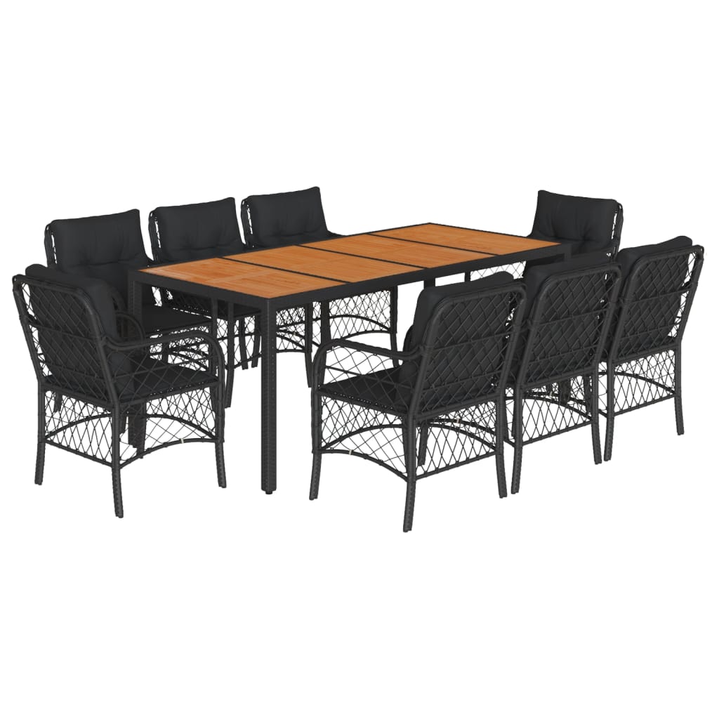 9 Piece Garden Dining Set with Cushions Black Poly Rattan