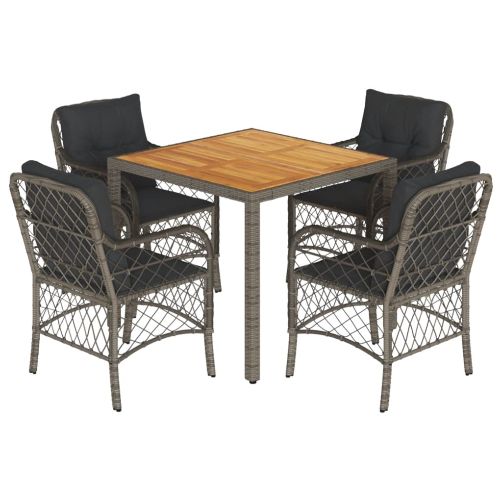 5 Piece Garden Dining Set with Cushions Grey Poly Rattan