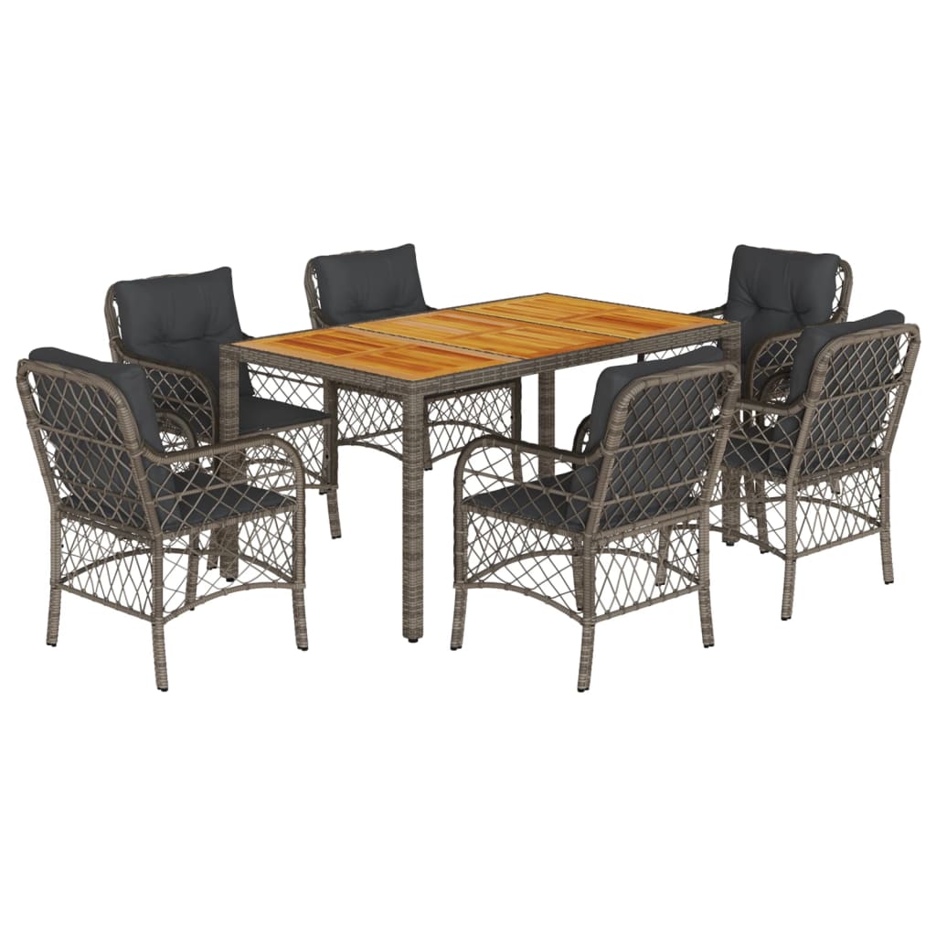 7 Piece Garden Dining Set with Cushions Grey Poly Rattan