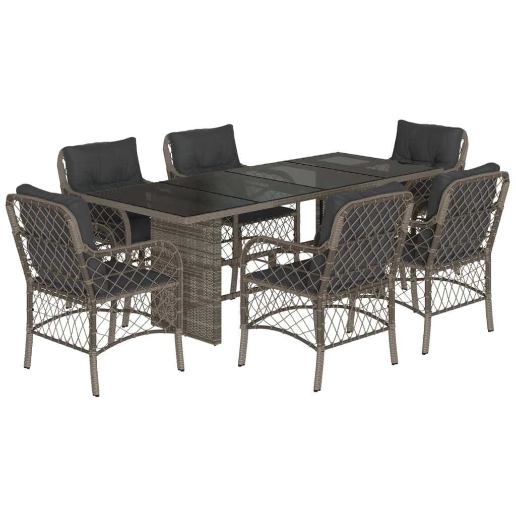 7 Piece Garden Dining Set with Cushions Grey Poly Rattan