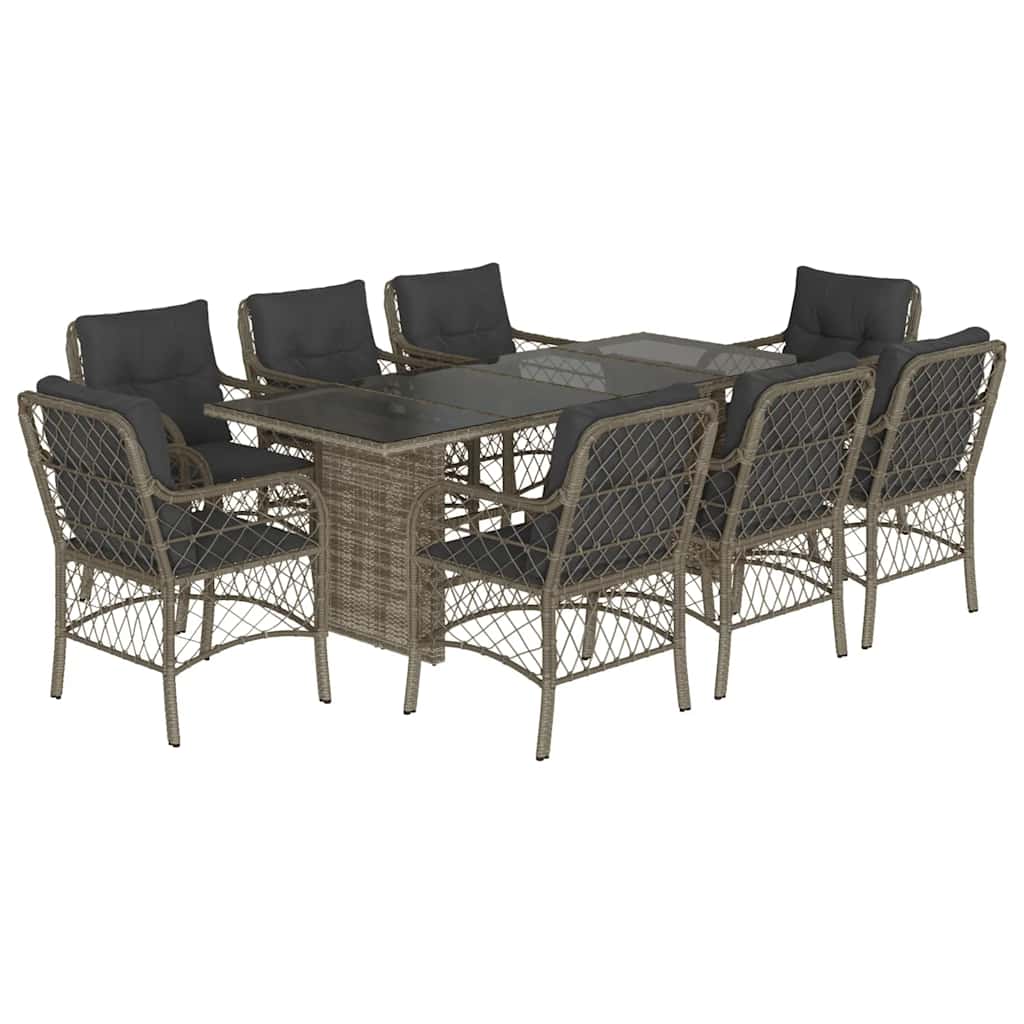 9 Piece Garden Dining Set with Cushions Grey Poly Rattan