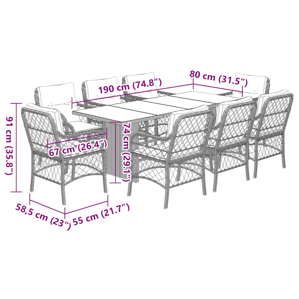 9 Piece Garden Dining Set with Cushions Grey Poly Rattan