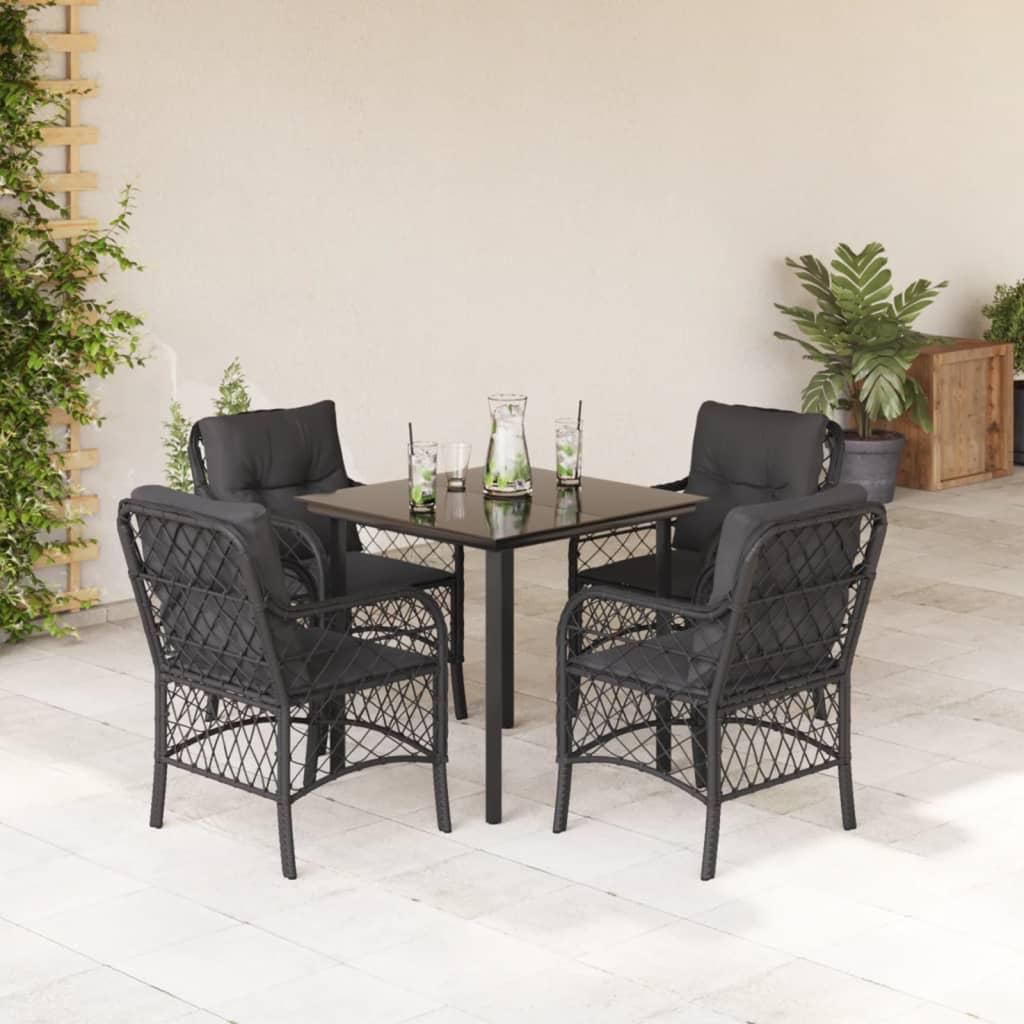 5 Piece Garden Dining Set with Cushions Black Poly Rattan