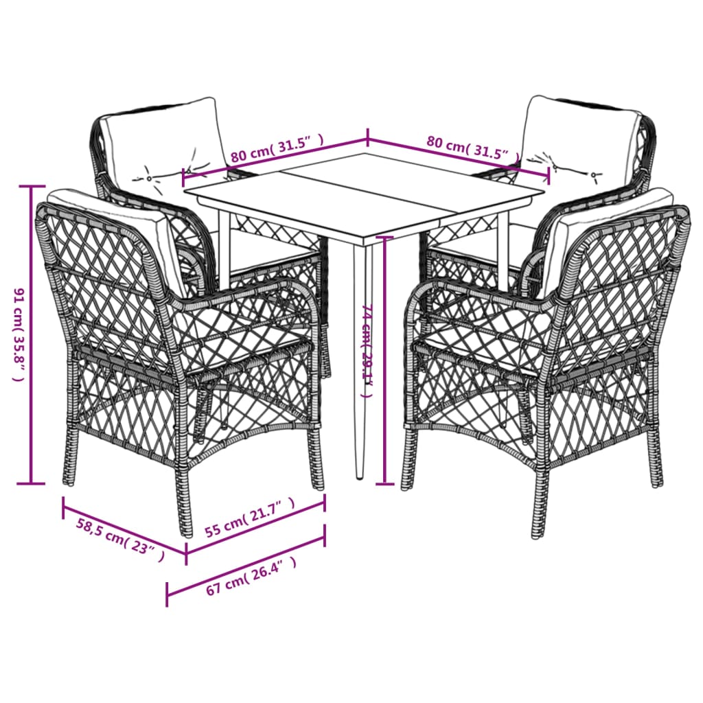 5 Piece Garden Dining Set with Cushions Grey Poly Rattan
