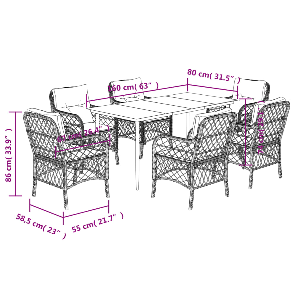 7 Piece Garden Dining Set with Cushions Grey Poly Rattan