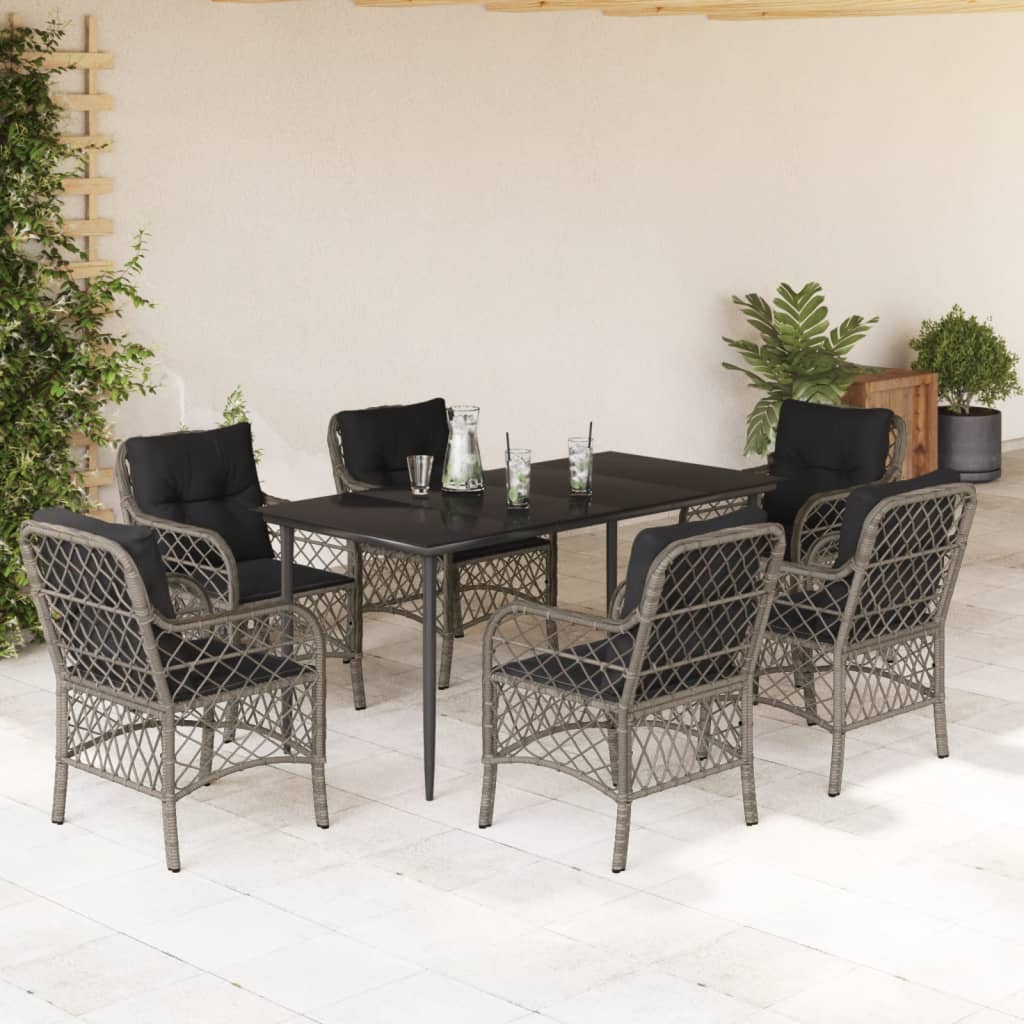 7 Piece Garden Dining Set with Cushions Grey Poly Rattan