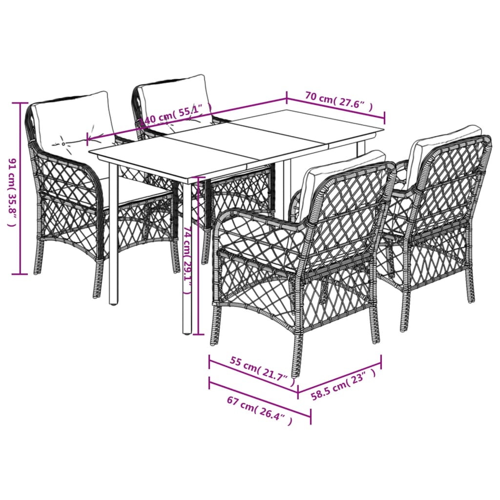 5 Piece Garden Dining Set with Cushions Grey Poly Rattan