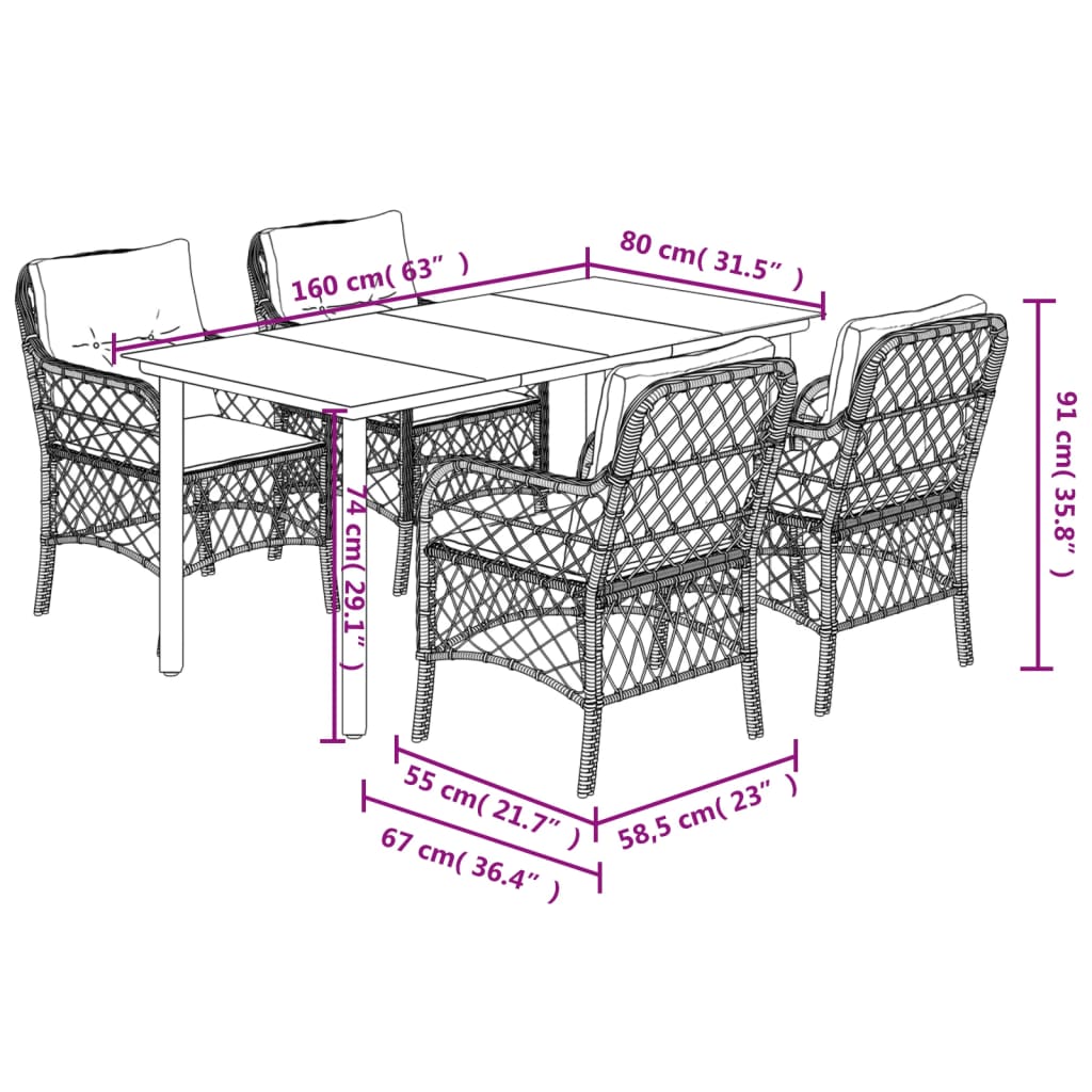 5 Piece Garden Dining Set with Cushions Grey Poly Rattan