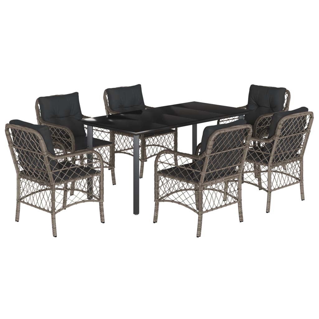 7 Piece Garden Dining Set with Cushions Grey Poly Rattan