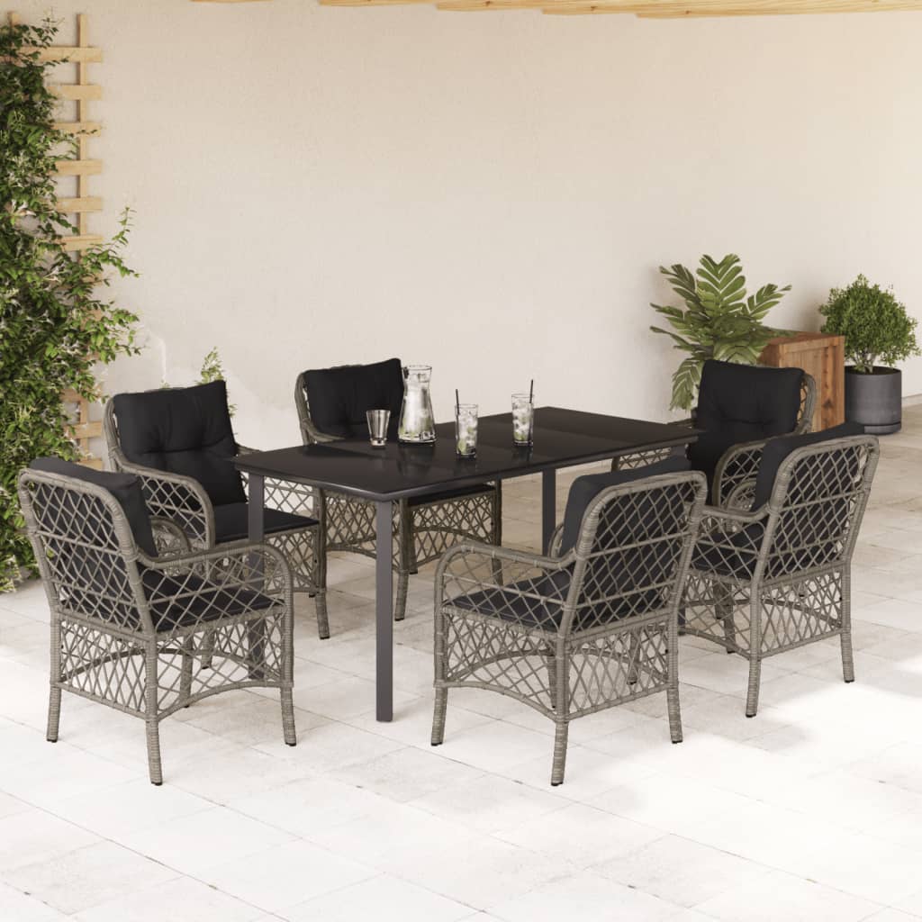 7 Piece Garden Dining Set with Cushions Grey Poly Rattan
