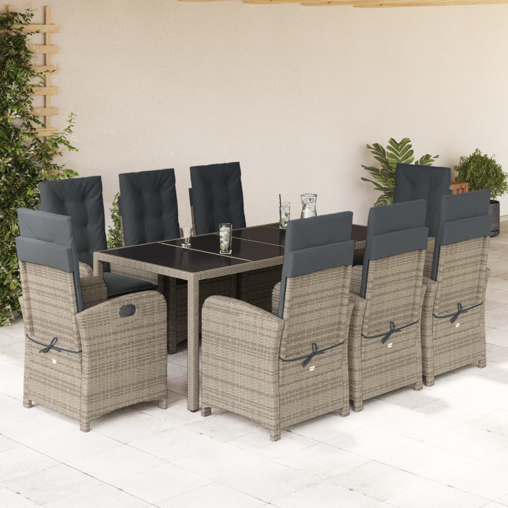 9 Piece Garden Dining Set with Cushions Grey Poly Rattan
