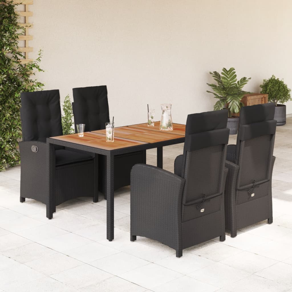 5 Piece Garden Dining Set with Cushions Black Poly Rattan