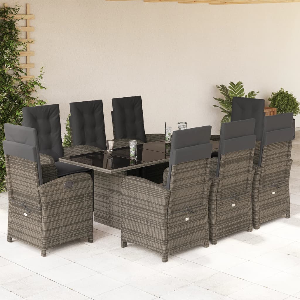 9 Piece Garden Dining Set with Cushions Grey Poly Rattan