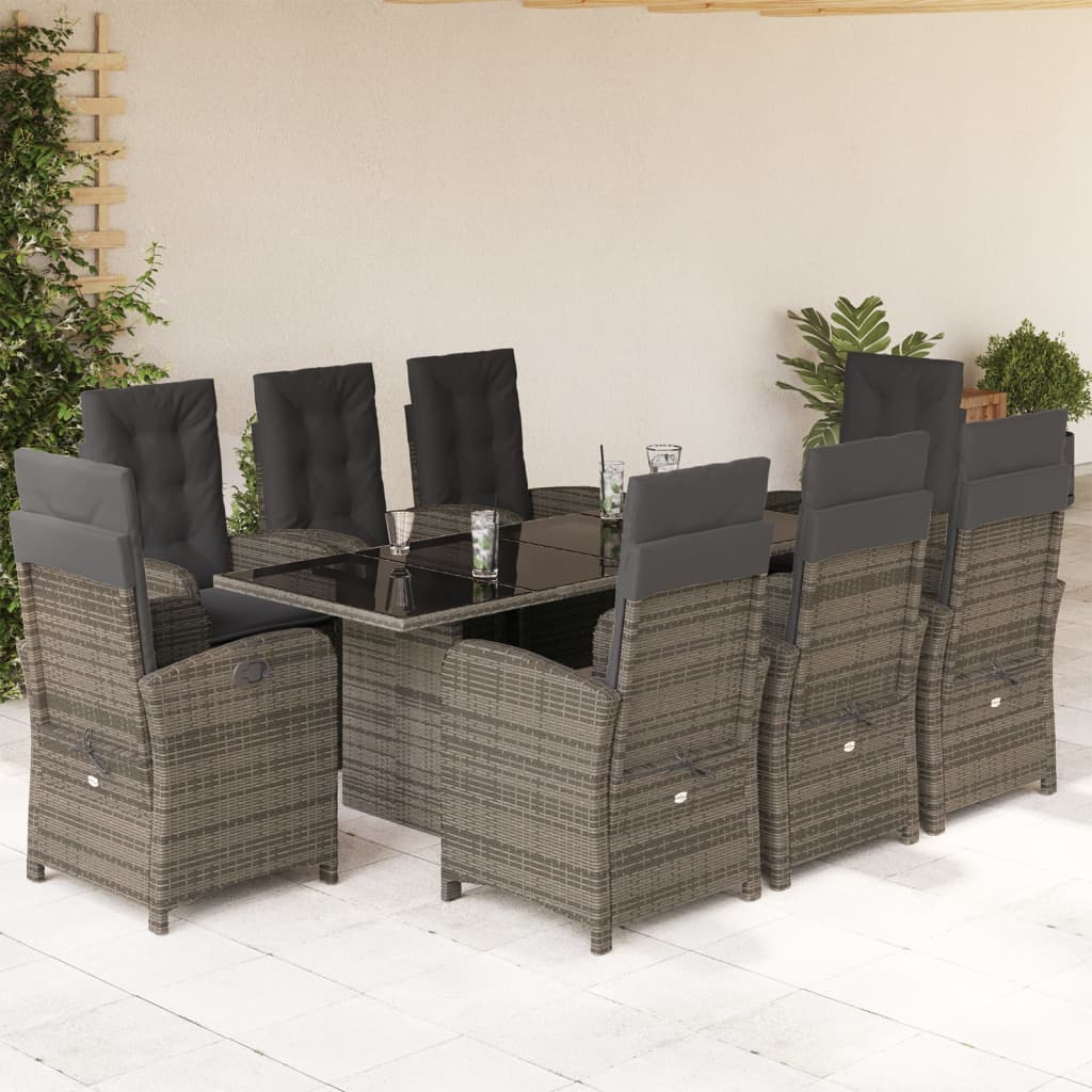 9 Piece Garden Dining Set with Cushions Grey Poly Rattan