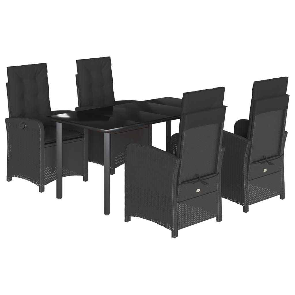 5 Piece Garden Dining Set with Cushions Black Poly Rattan
