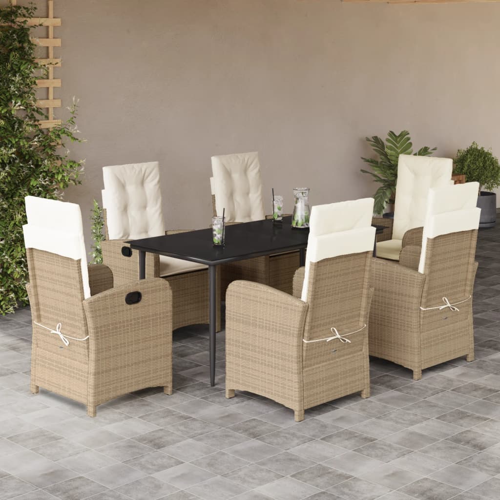 7 Piece Garden Dining Set with Cushions Beige Poly Rattan