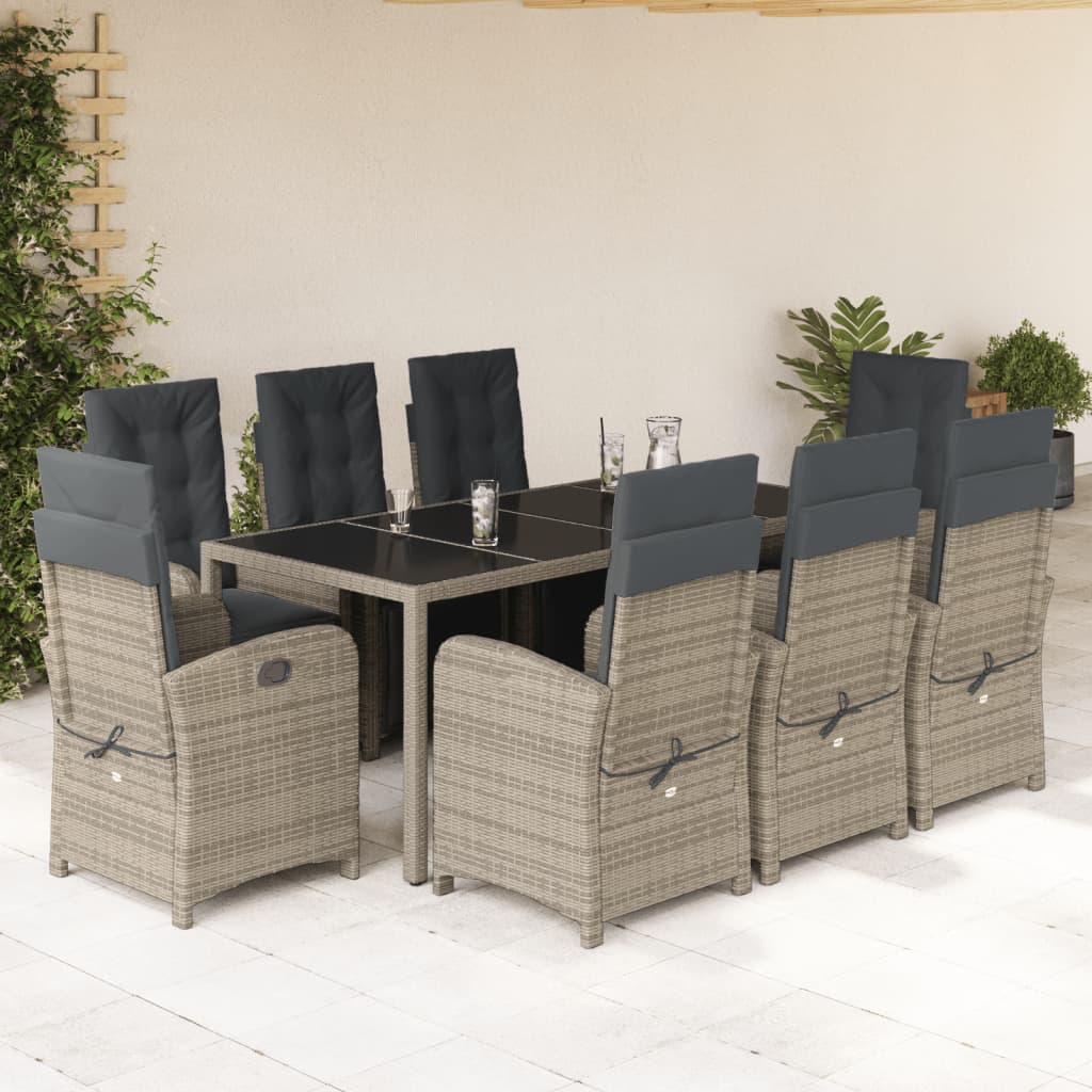9 Piece Garden Dining Set with Cushions Grey Poly Rattan