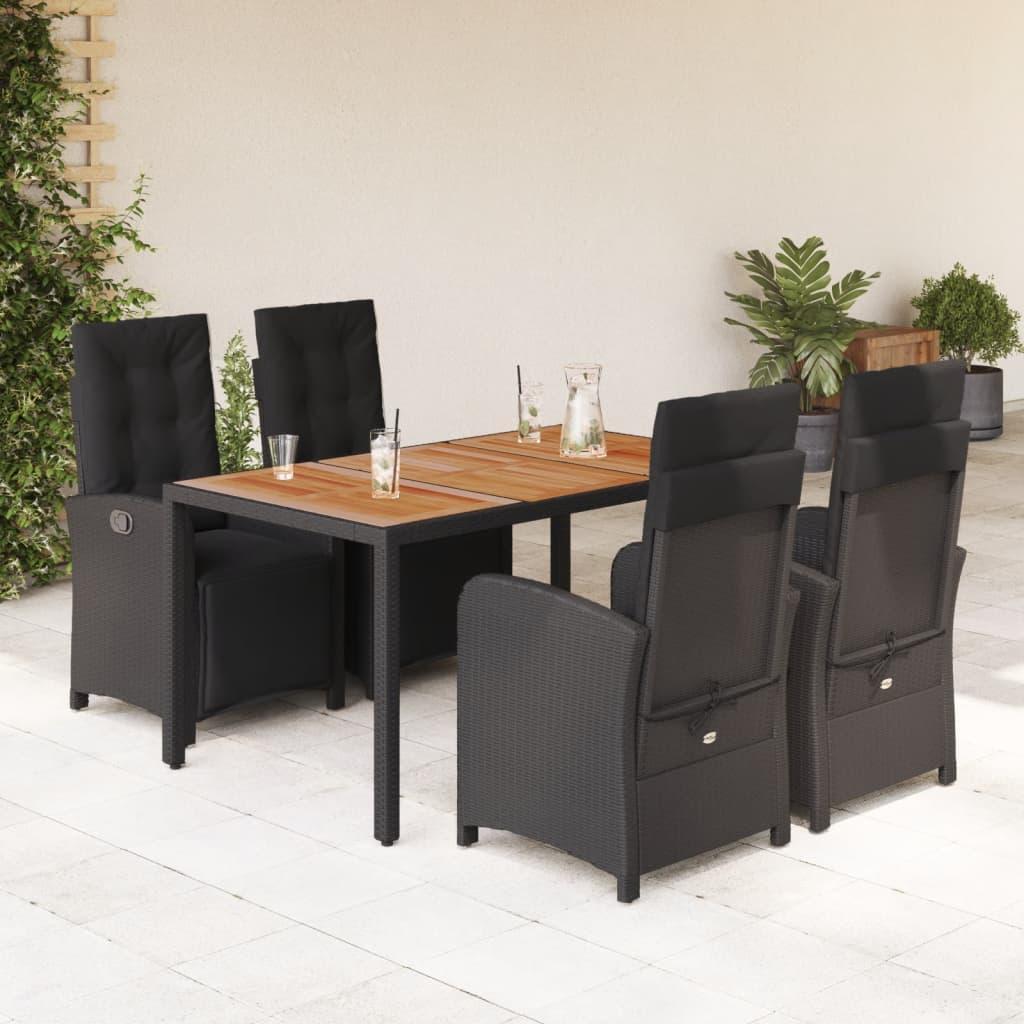 5 Piece Garden Dining Set with Cushions Black Poly Rattan