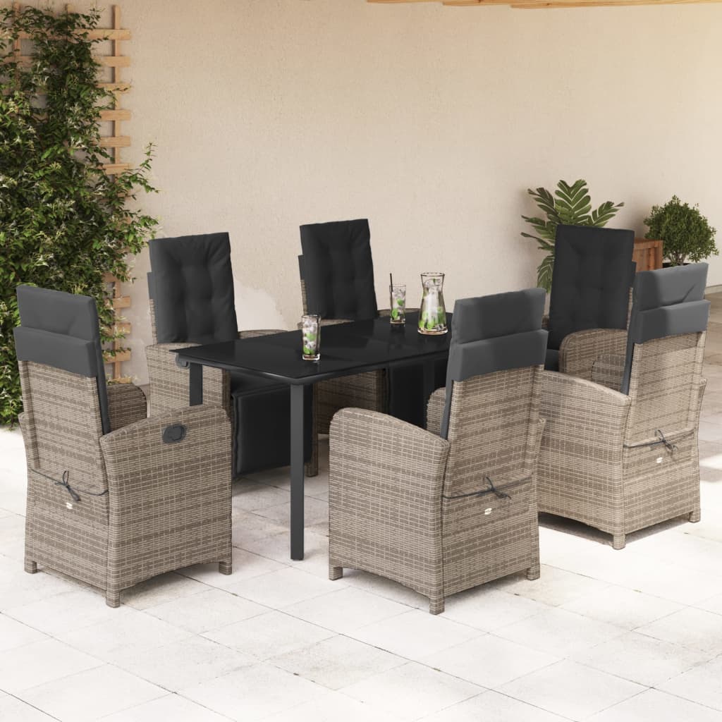 7 Piece Garden Dining Set with Cushions Grey Poly Rattan