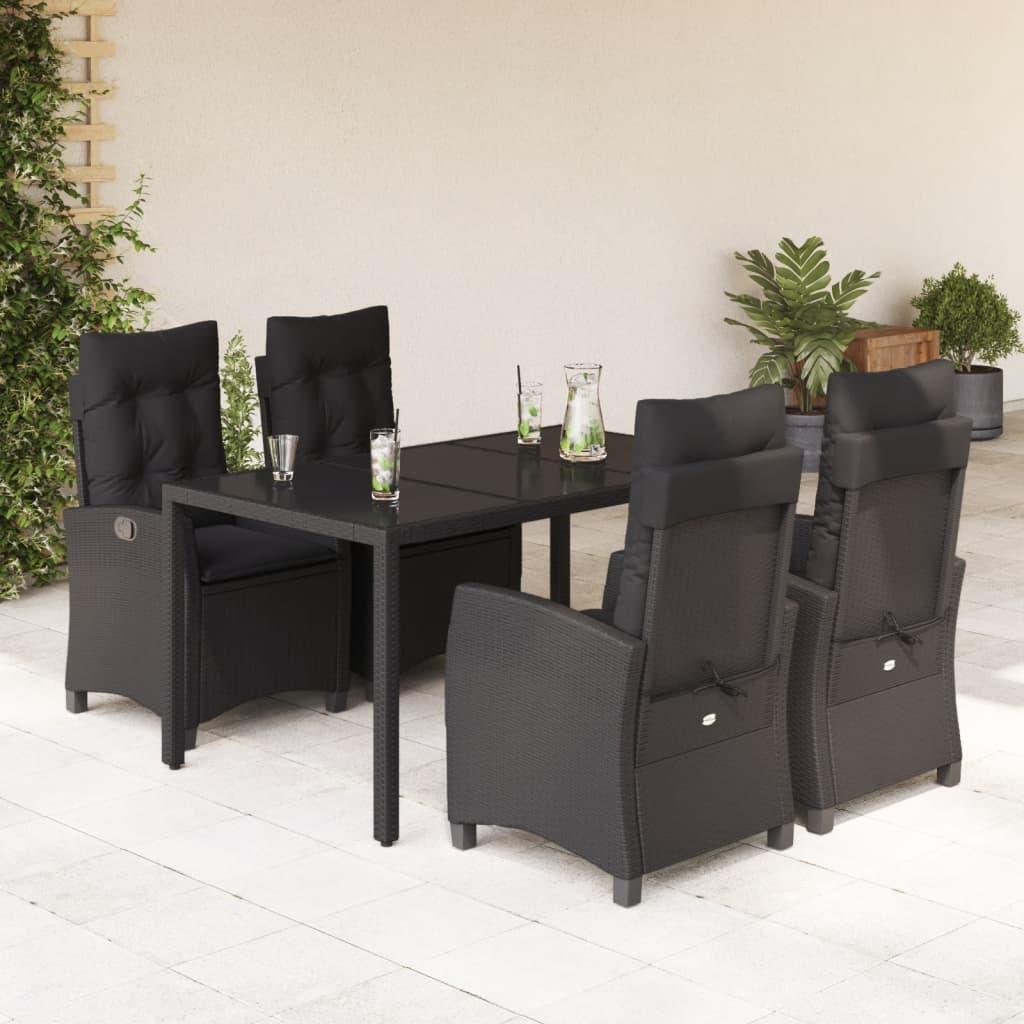 5 Piece Garden Dining Set with Cushions Black Poly Rattan
