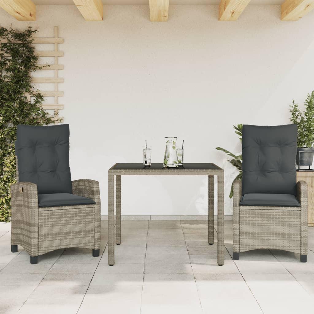 3 Piece Garden Dining Set with Cushions Grey Poly Rattan