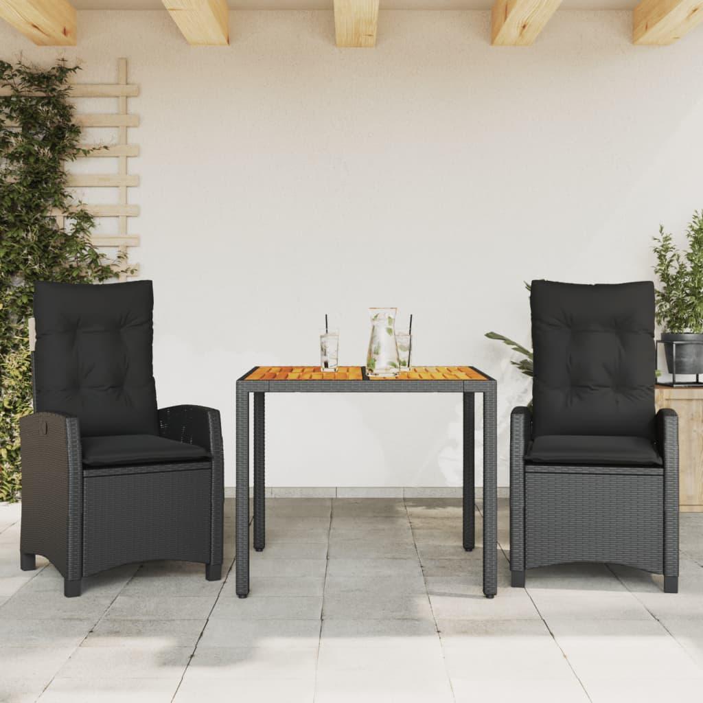 3 Piece Garden Dining Set with Cushions Black Poly Rattan