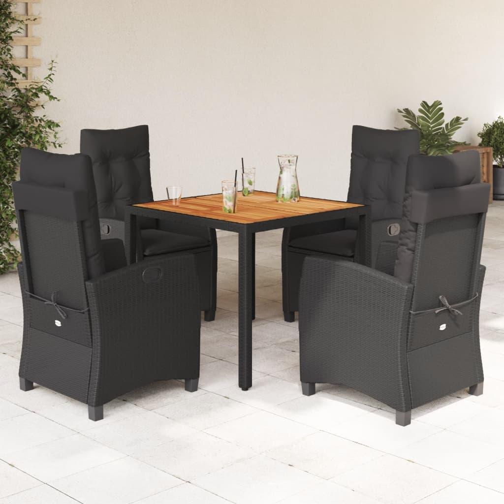 5 Piece Garden Dining Set with Cushions Black Poly Rattan
