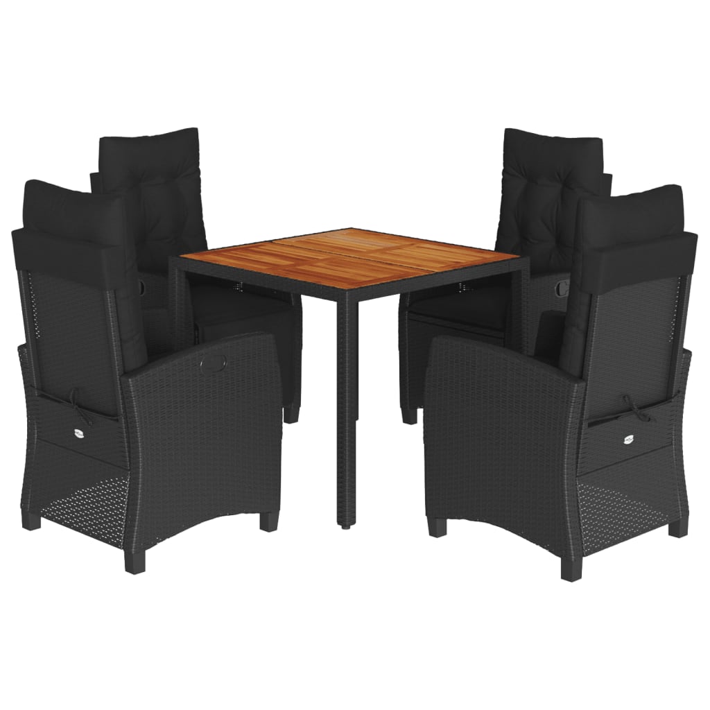 5 Piece Garden Dining Set with Cushions Black Poly Rattan