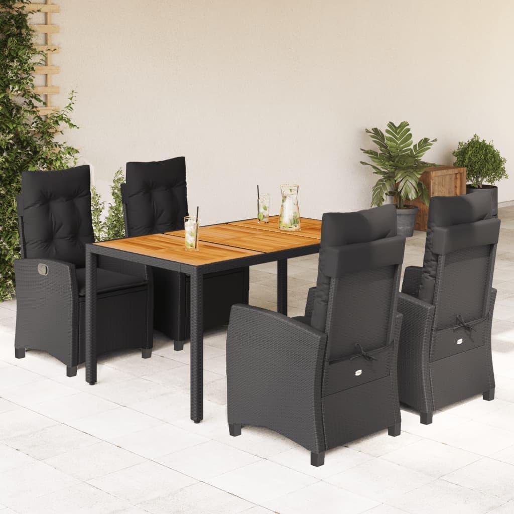 5 Piece Garden Dining Set with Cushions Black Poly Rattan