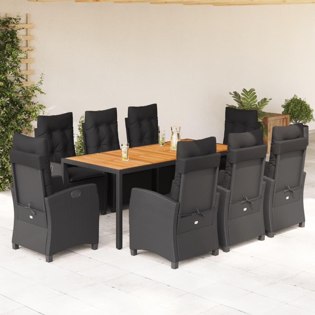 9 Piece Garden Dining Set with Cushions Black Poly Rattan
