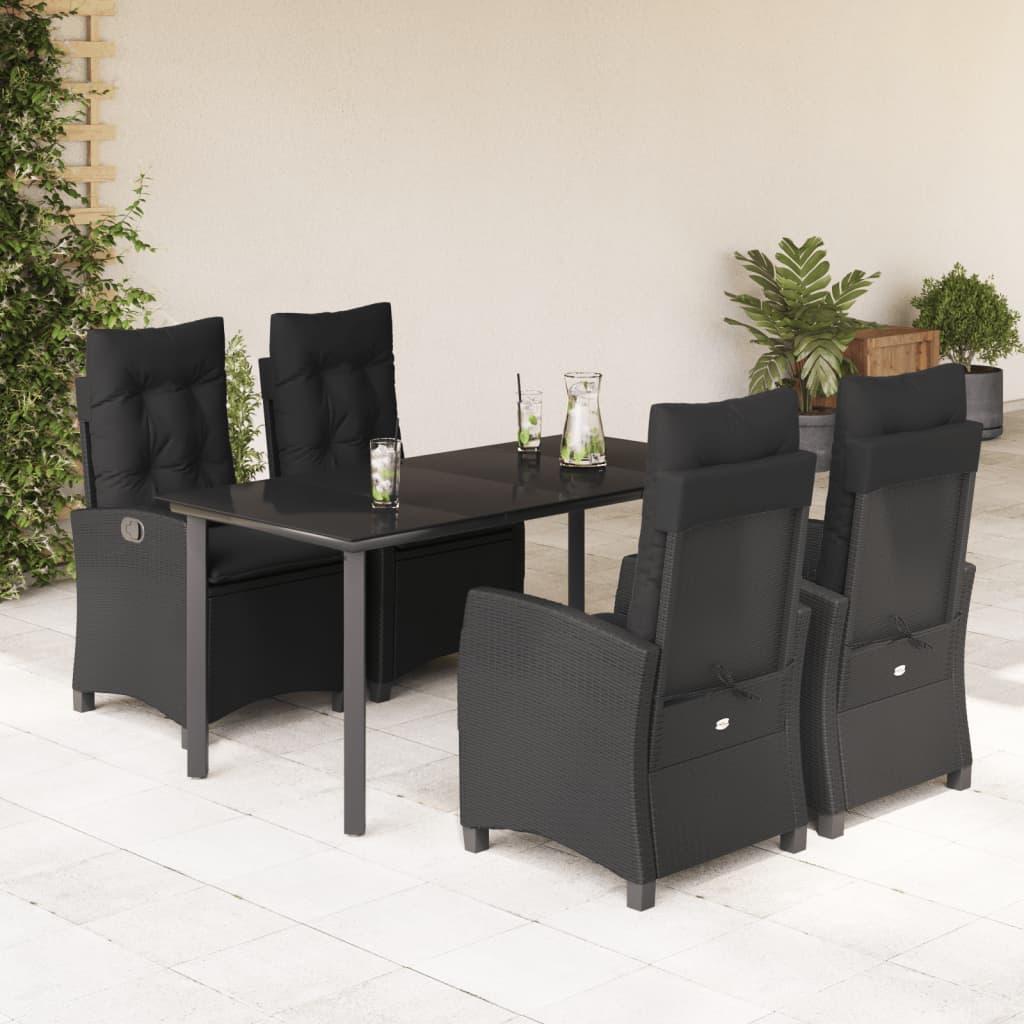 5 Piece Garden Dining Set with Cushions Black Poly Rattan