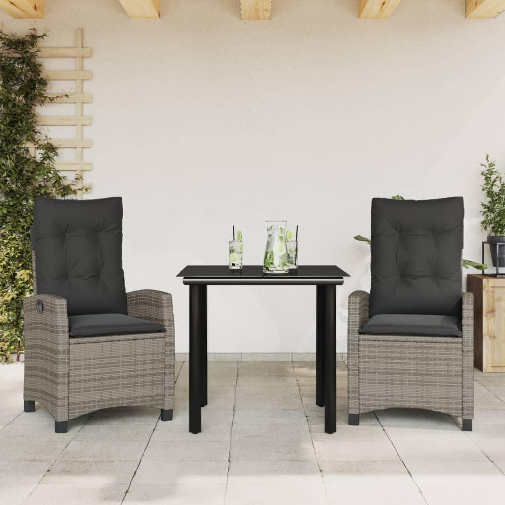 3 Piece Garden Dining Set with Cushions Grey Poly Rattan