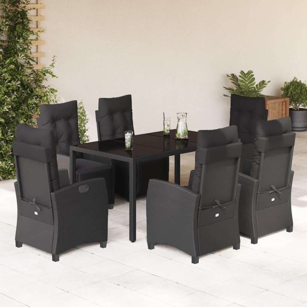 7 Piece Garden Dining Set with Cushions Black Poly Rattan