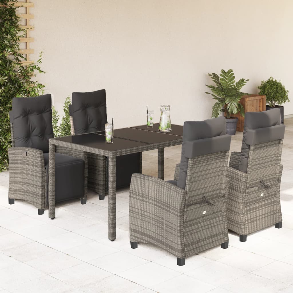 5 Piece Garden Dining Set with Cushions Grey Poly Rattan