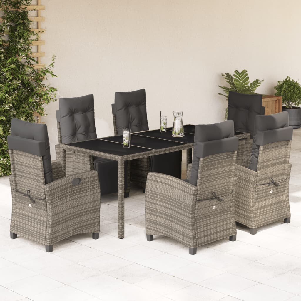 7 Piece Garden Dining Set with Cushions Grey Poly Rattan