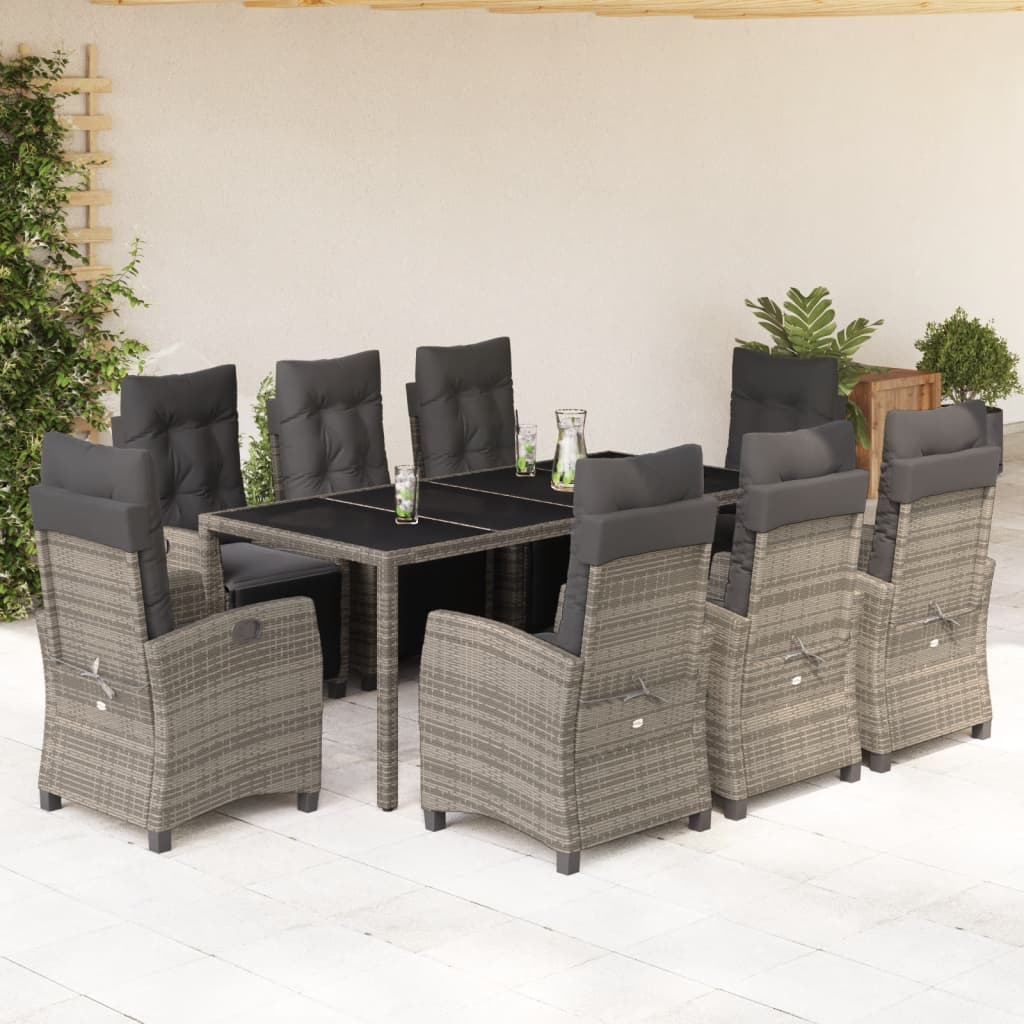 9 Piece Garden Dining Set with Cushions Grey Poly Rattan