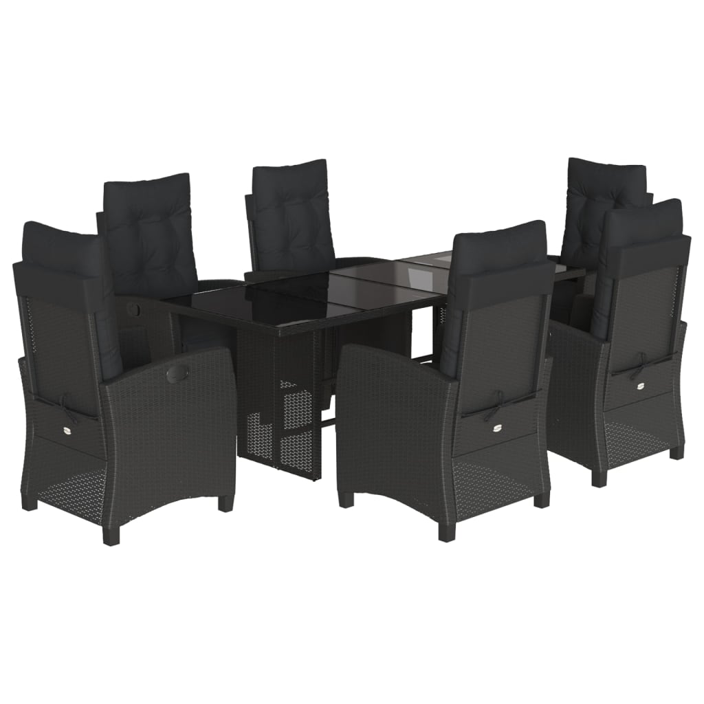 7 Piece Garden Dining Set with Cushions Black Poly Rattan