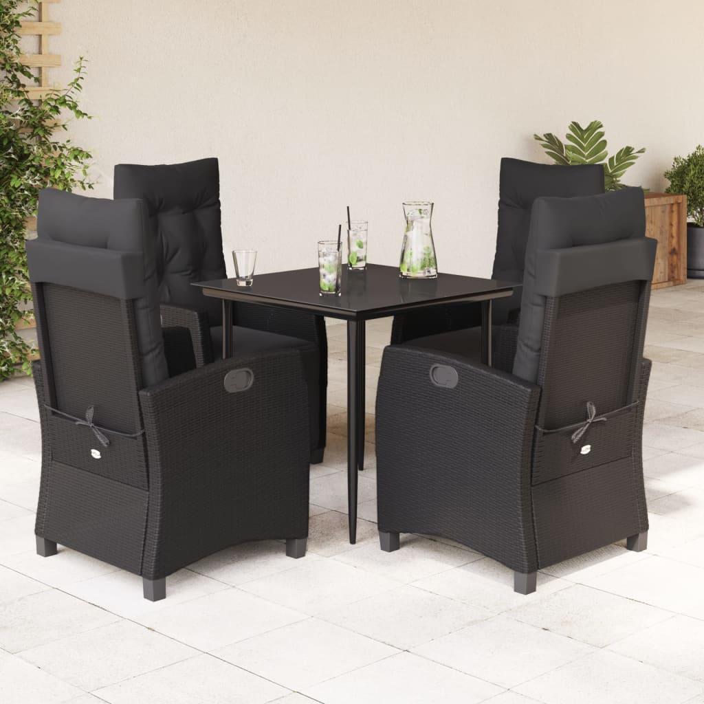 5 Piece Garden Dining Set with Cushions Black Poly Rattan