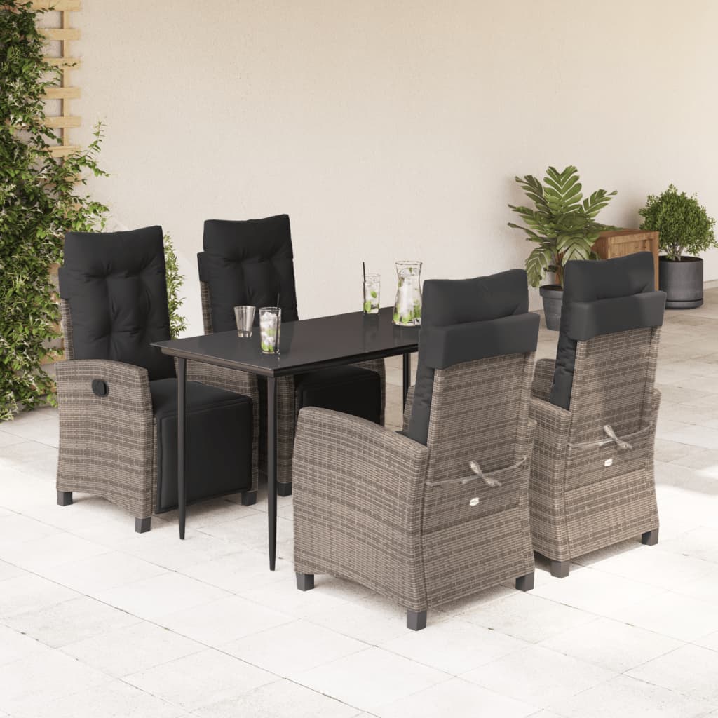 5 Piece Garden Dining Set with Cushions Grey Poly Rattan