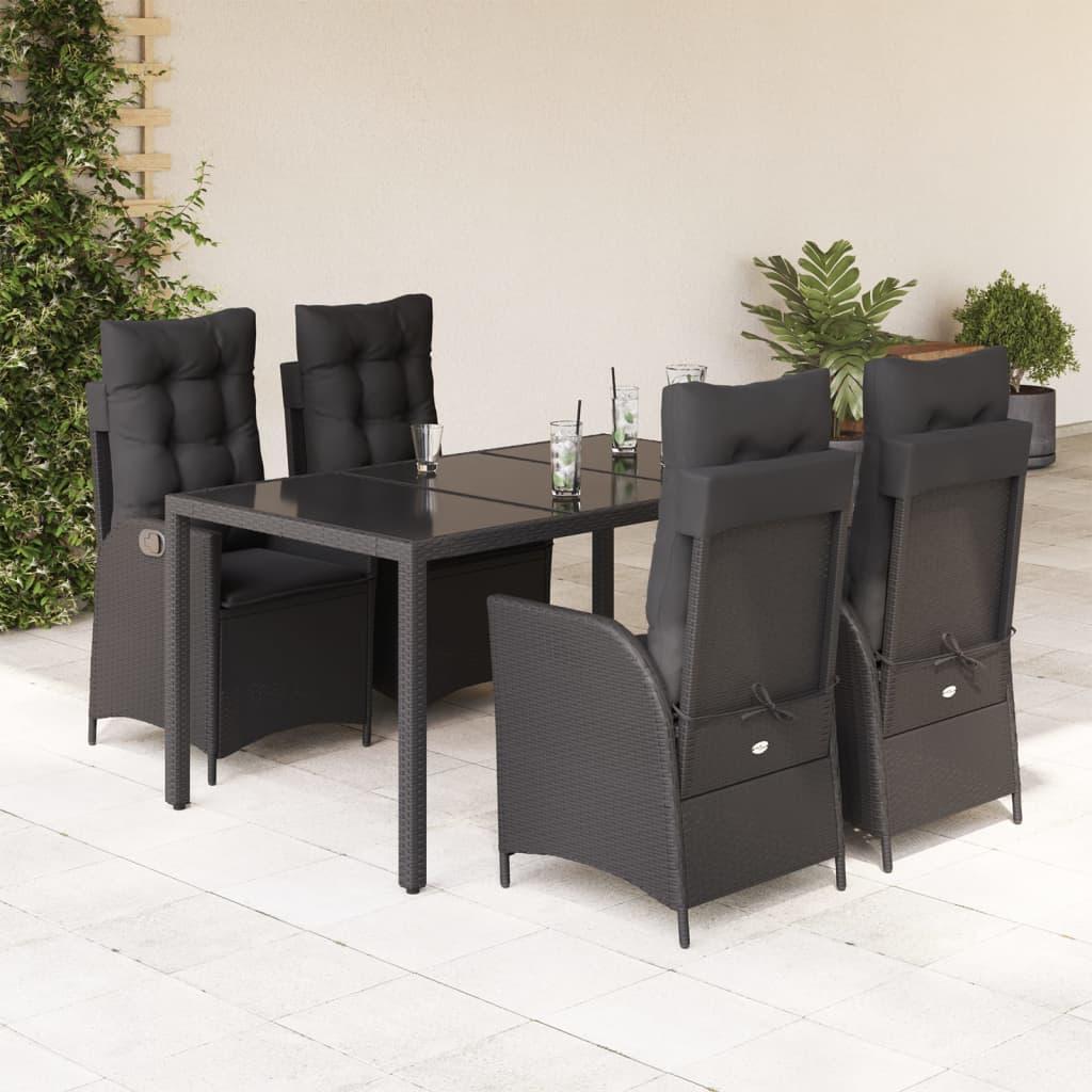 5 Piece Garden Dining Set with Cushions Black Poly Rattan