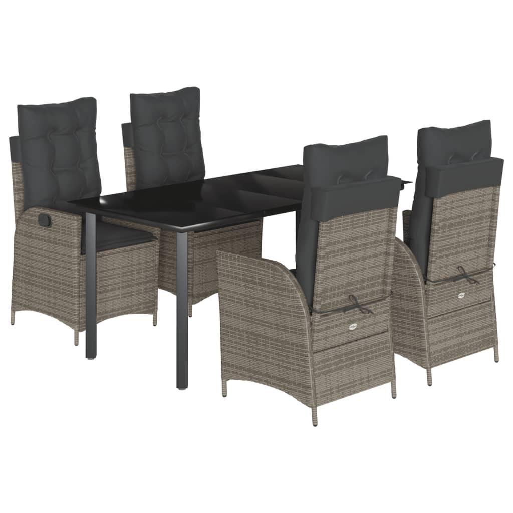 5 Piece Garden Dining Set with Cushions Grey Poly Rattan